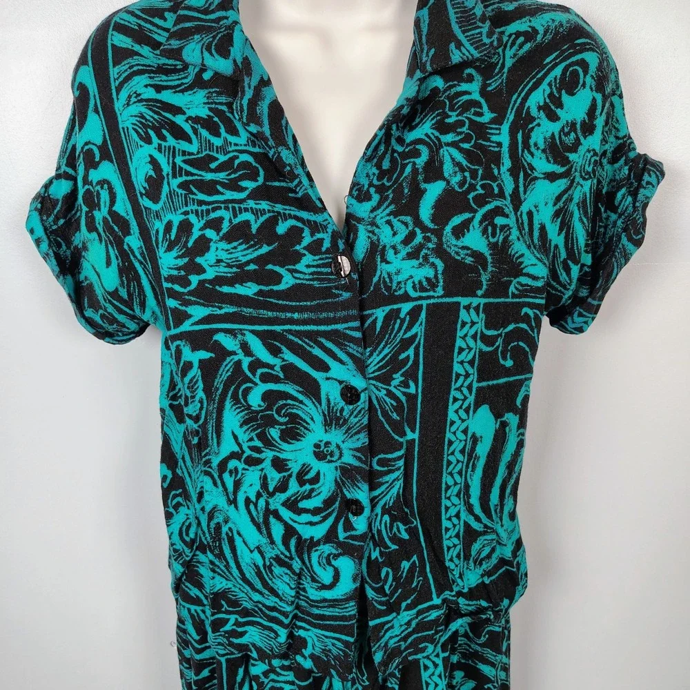 Melrose Womens SZ 7/8 9/10 Two Piece Set Teal Black  Rayon Linen Vintage